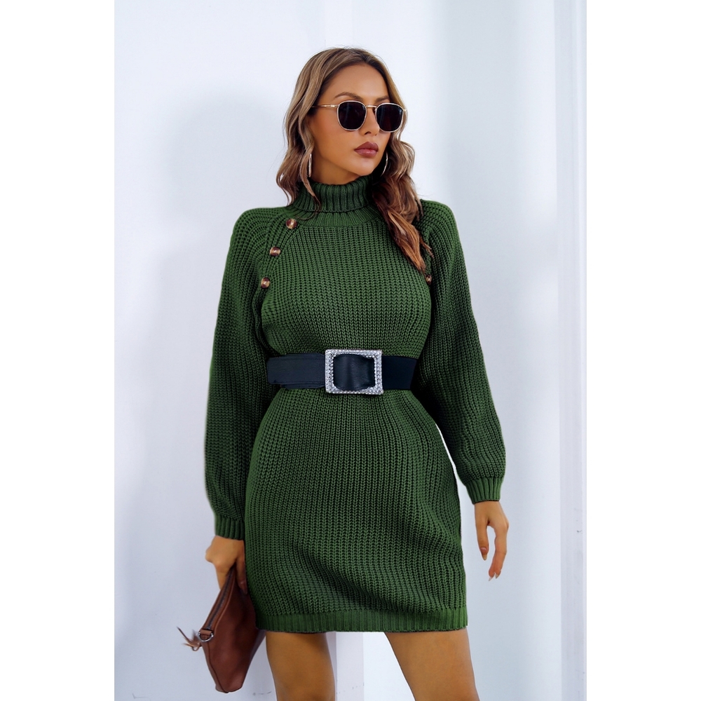 Green Buttoned Turtleneck Sweater Dress